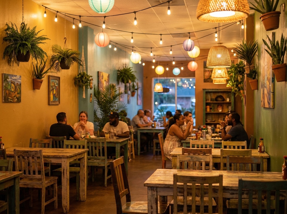Guests in a colorful casual Caribbean dining room