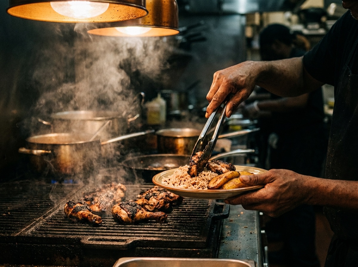 Cook's hands plating jerk chicken from the grill, steam rising
