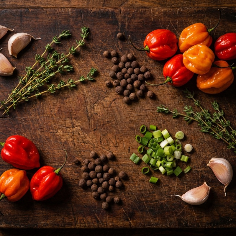 Scotch bonnet peppers, thyme, allspice and scallions on dark wood